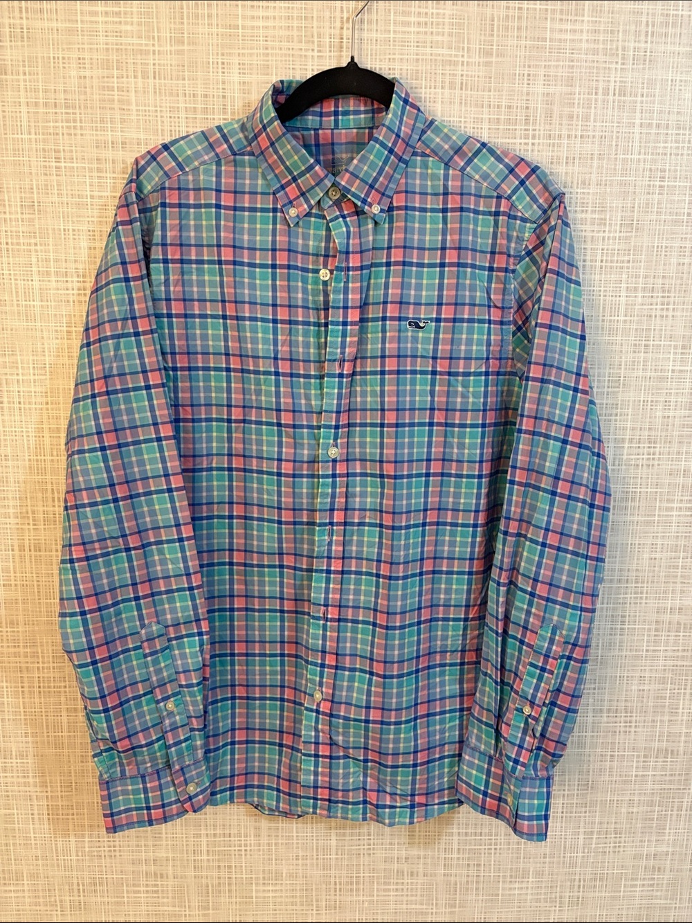 Vineyard Vines Men's Button-Down Plaid in Blue and Pink Performance Shirt